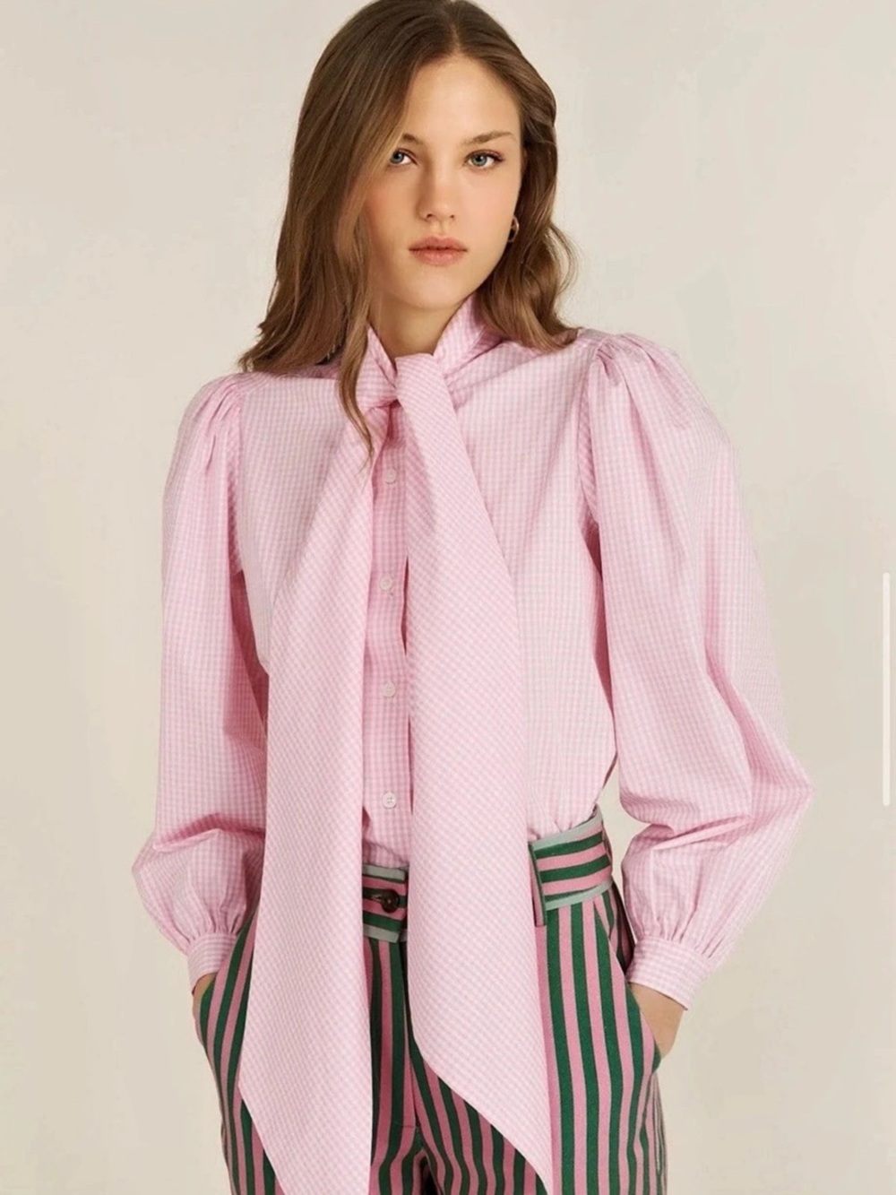 Maria de la Orden Fairytale Shirt Pink Gingham Bow Blouse